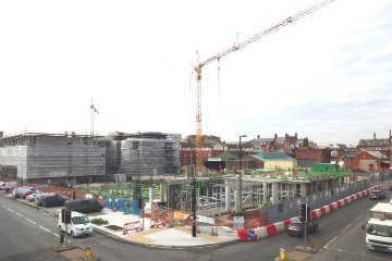 A wide shot of the redvelopment of the former Fruit and Vegetable market in Southampton city centre which is currently underway.